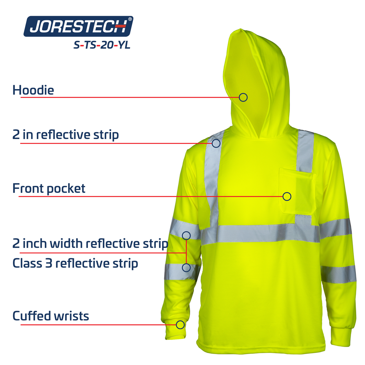 Jorestech High-Vis Long Sleeve Safety Shirt With Reflective Strips and Hoodie