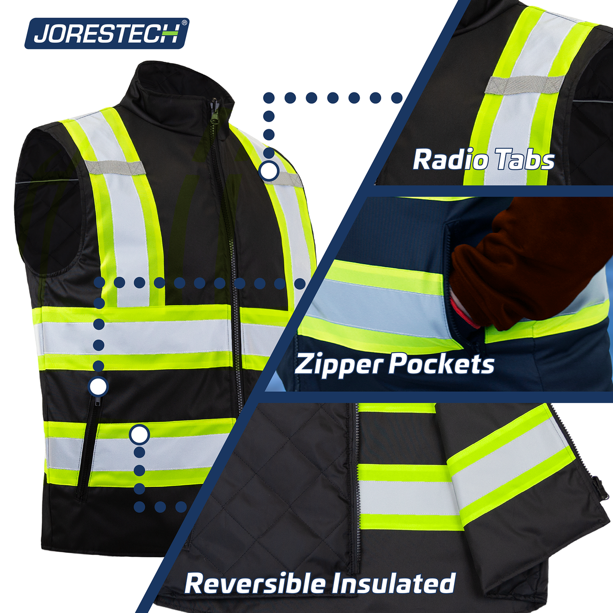 Jorestech Hi-Vis Yellow/Black Reversible Insulated Safety Vest with Reflective Strips