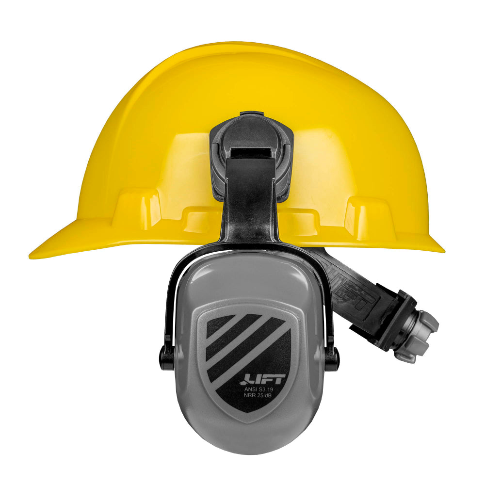 Lift Briggs Hard Hat with Earmuffs attached.