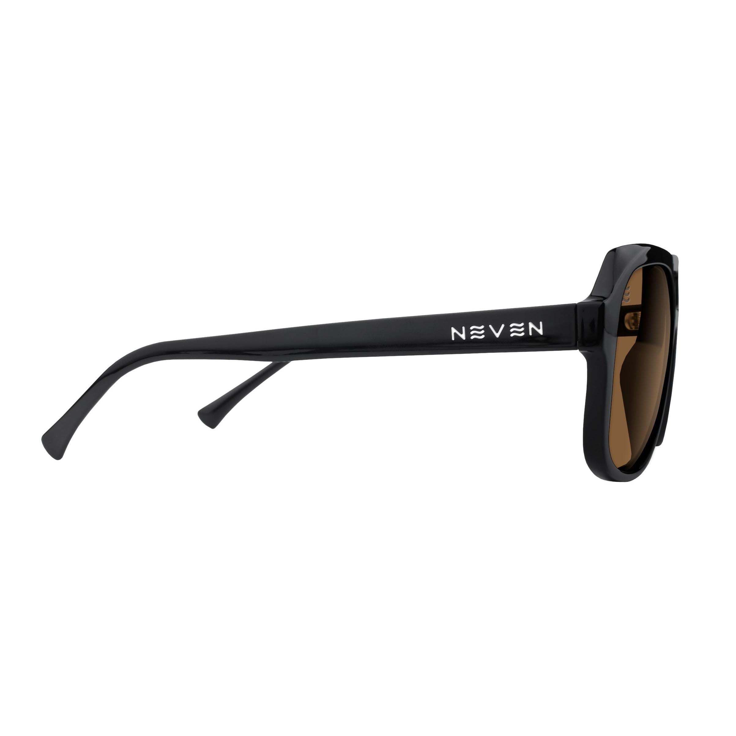 Side view of Neven Gaia polarized sunglasses featuring a glossy black frame and brown tinted lenses.