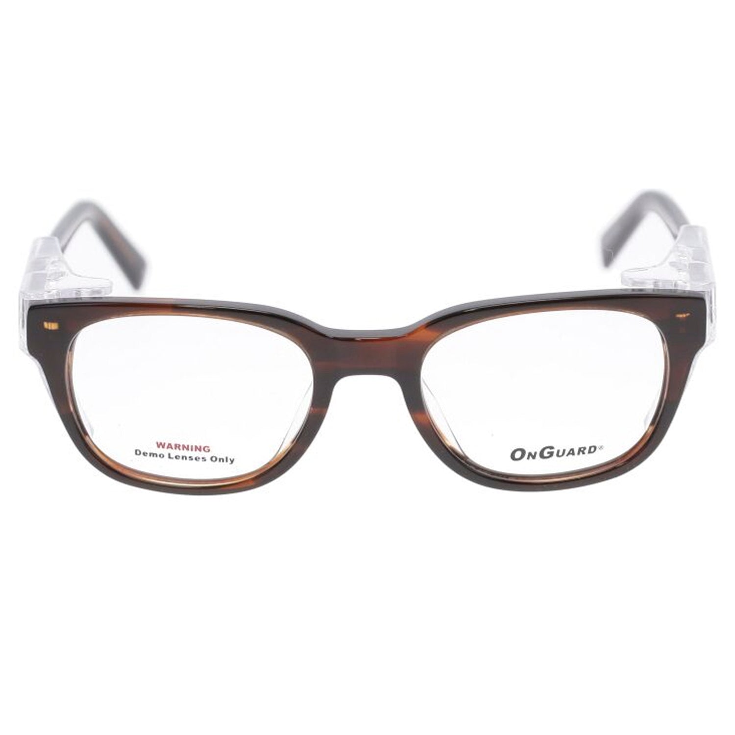OnGuard OG013 ANSI Z87.1 prescription safety glasses with tortoise full-rim rectangular frame and clear side shields.