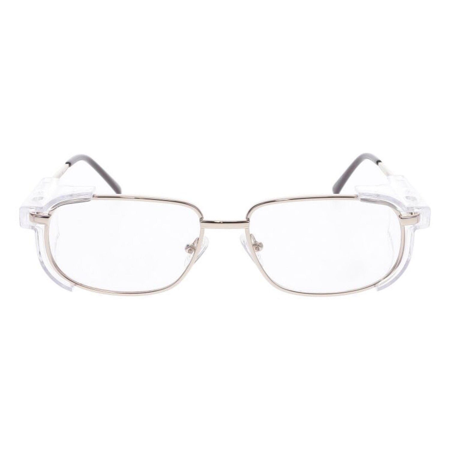 OnGuard OG070EZ prescription safety glasses with a silver full-rim rectangular frame, clear lenses, and transparent side shields. ANSI Z87.1 certified.