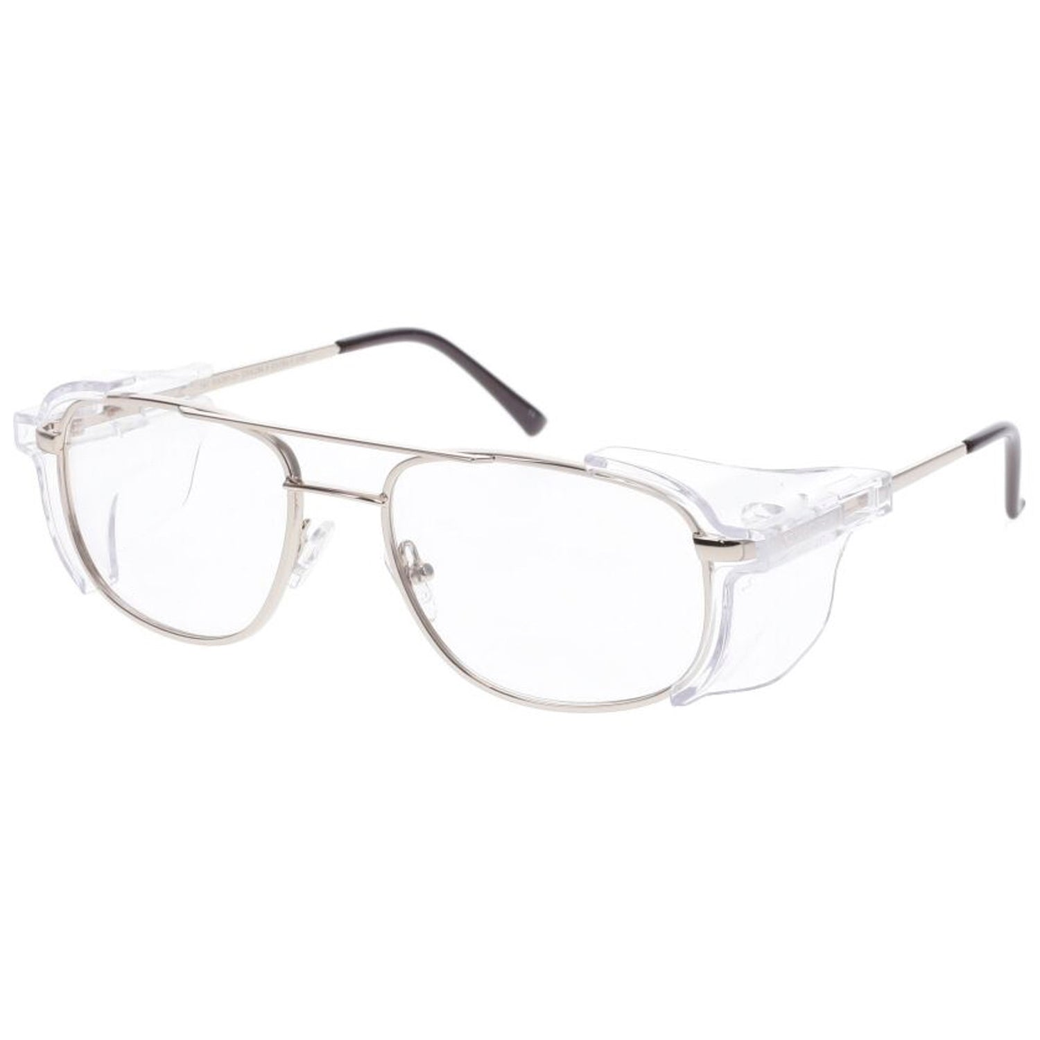 Silver metal full-rim prescription safety glasses with clear removable side shields, ANSI Z87.1 certified.