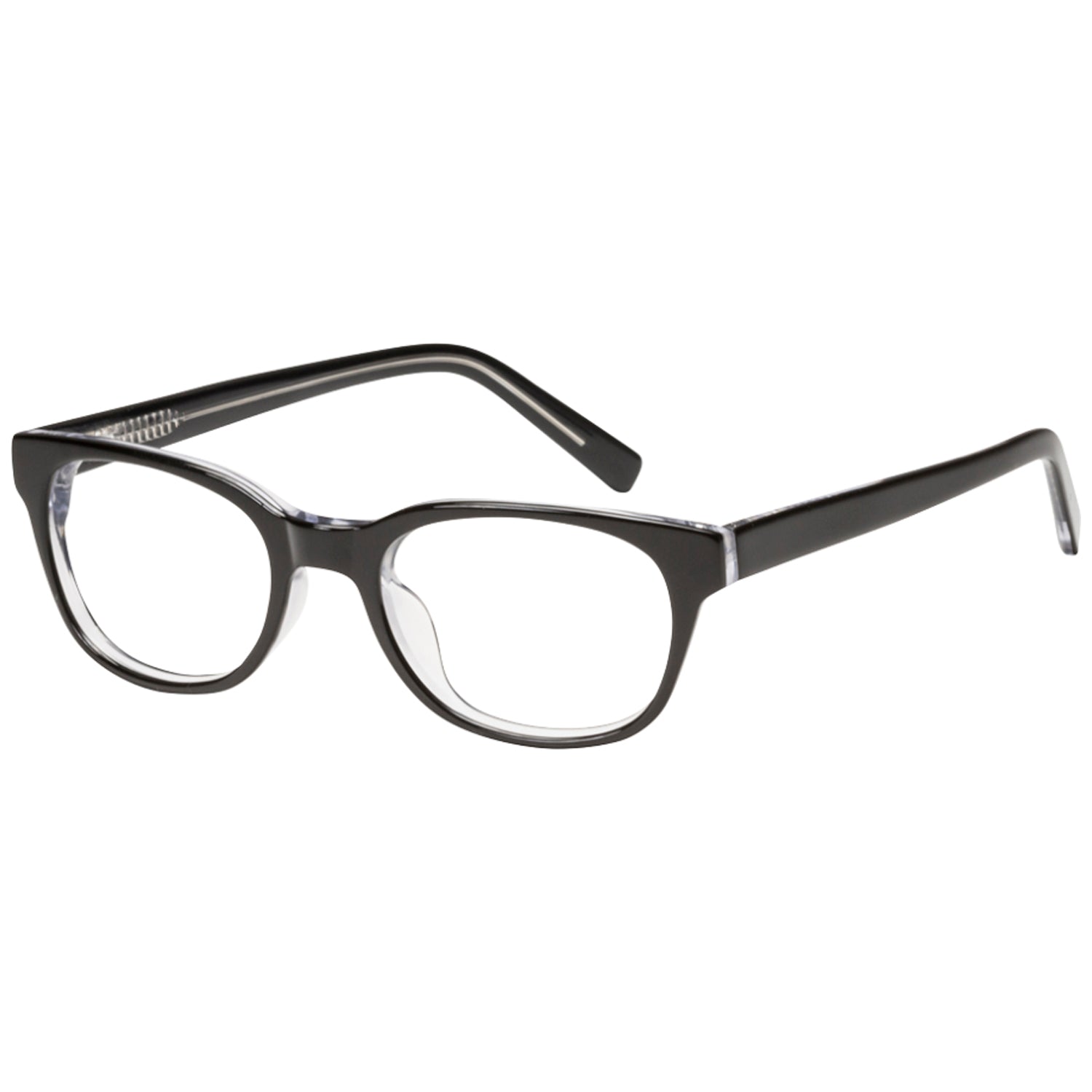 Black OnGuard OG013 prescription safety glasses with a rectangular full-rim frame and clear side shields, ANSI Z87.1 certified.