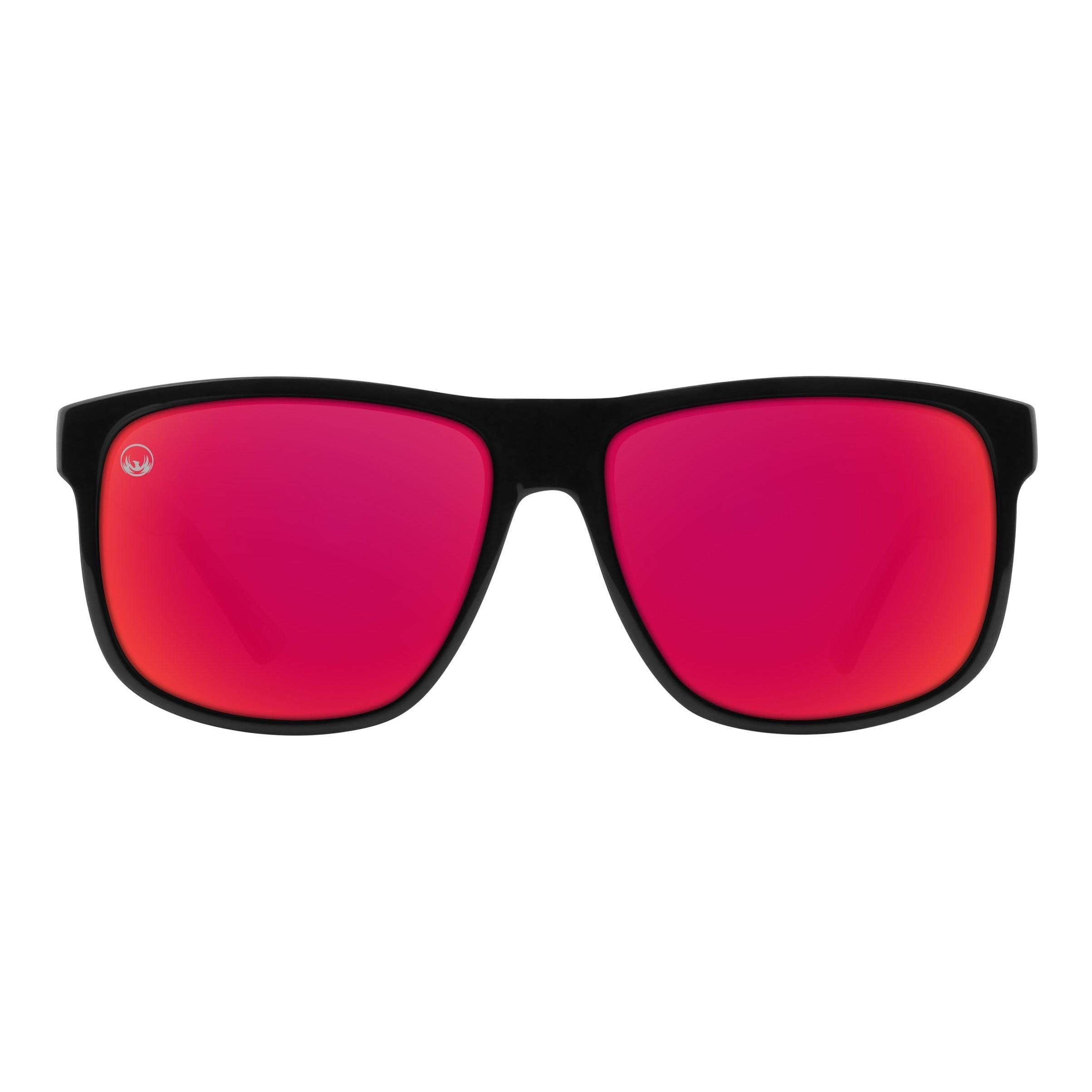 Neven Cinder polarized sunglasses featuring a matte black frame and vibrant red reflective lenses.