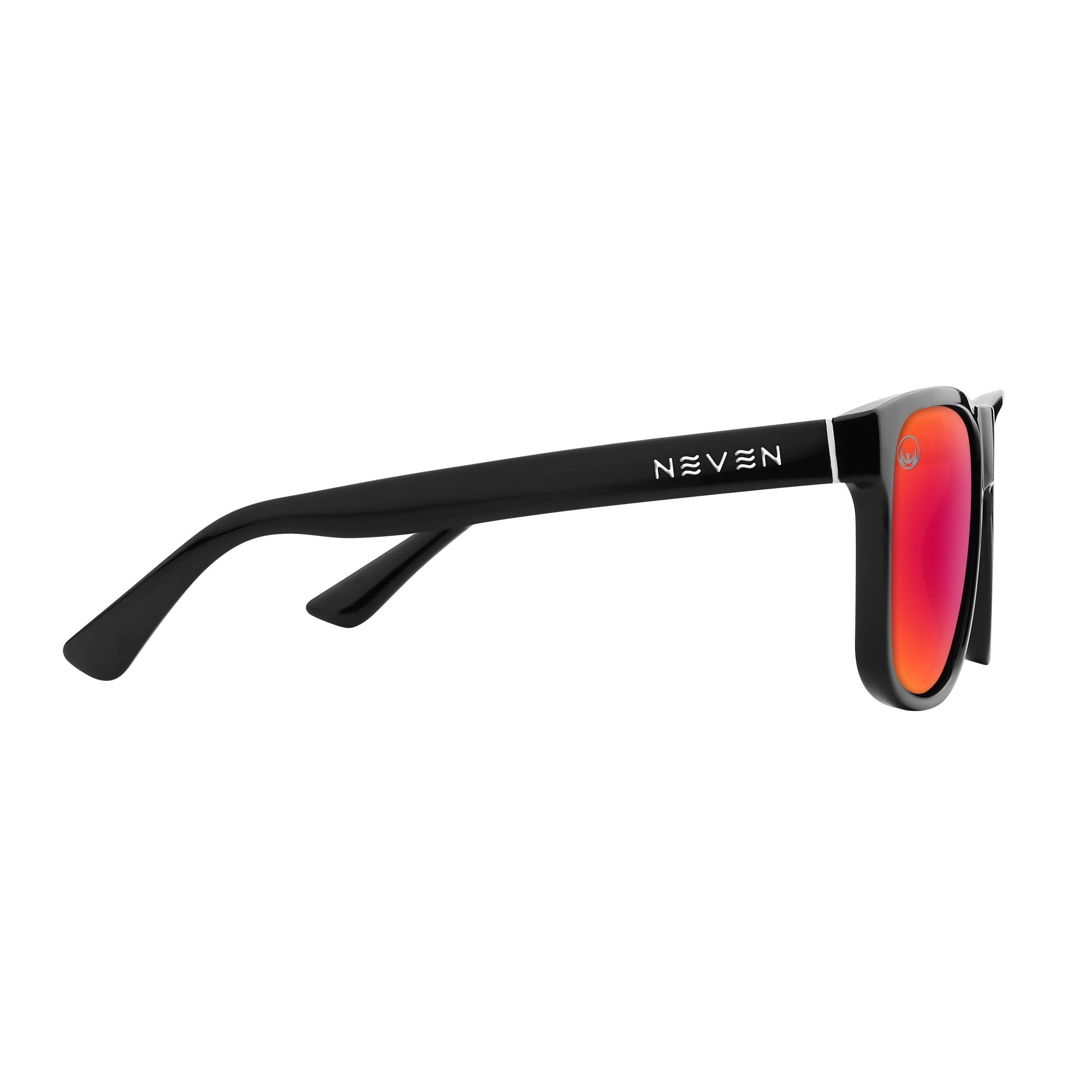 Neven Cinder polarized sunglasses with black frames and reflective red lenses, viewed from the side.