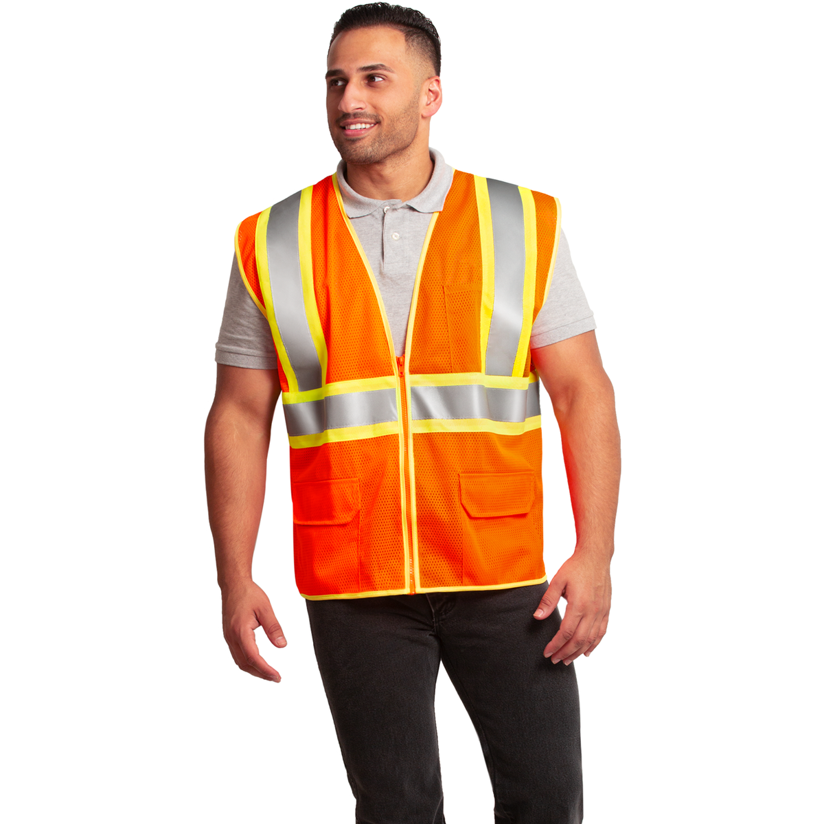 Jorestech Printed Hi-Vis Two-Toned Mesh Safety Vest with 2” Reflective Strips and Pockets - Orange