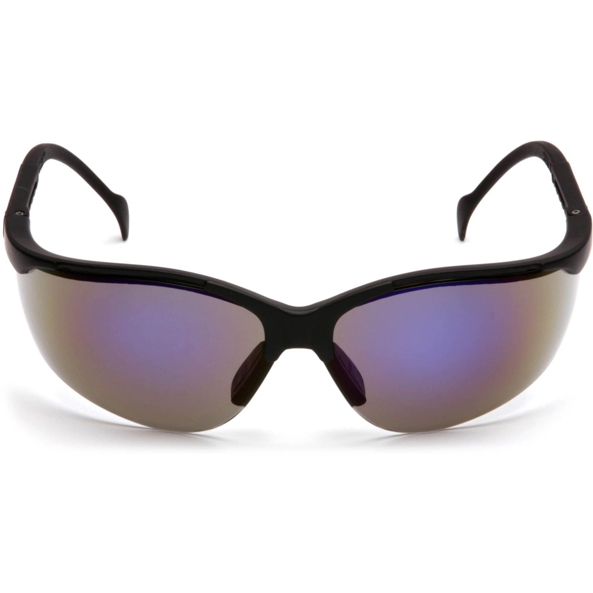 Pyramex Venture 2 Safety Glasses with Black Frame and Blue Mirror Lens Front View