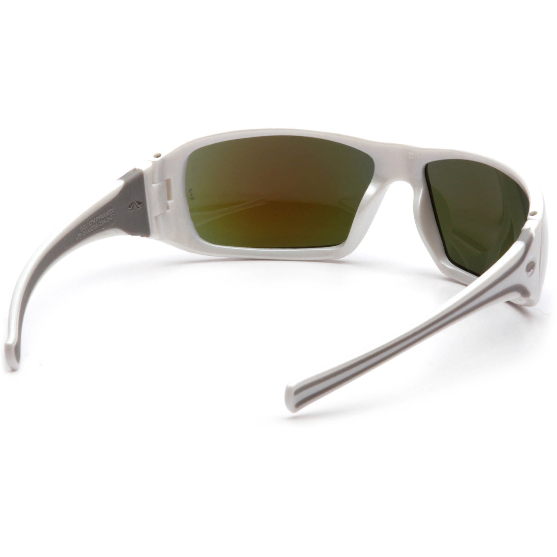Pyramex SW5665D Goliath Safety Glasses - White Frame - Blue Mirror Lenses Nose Bridge View