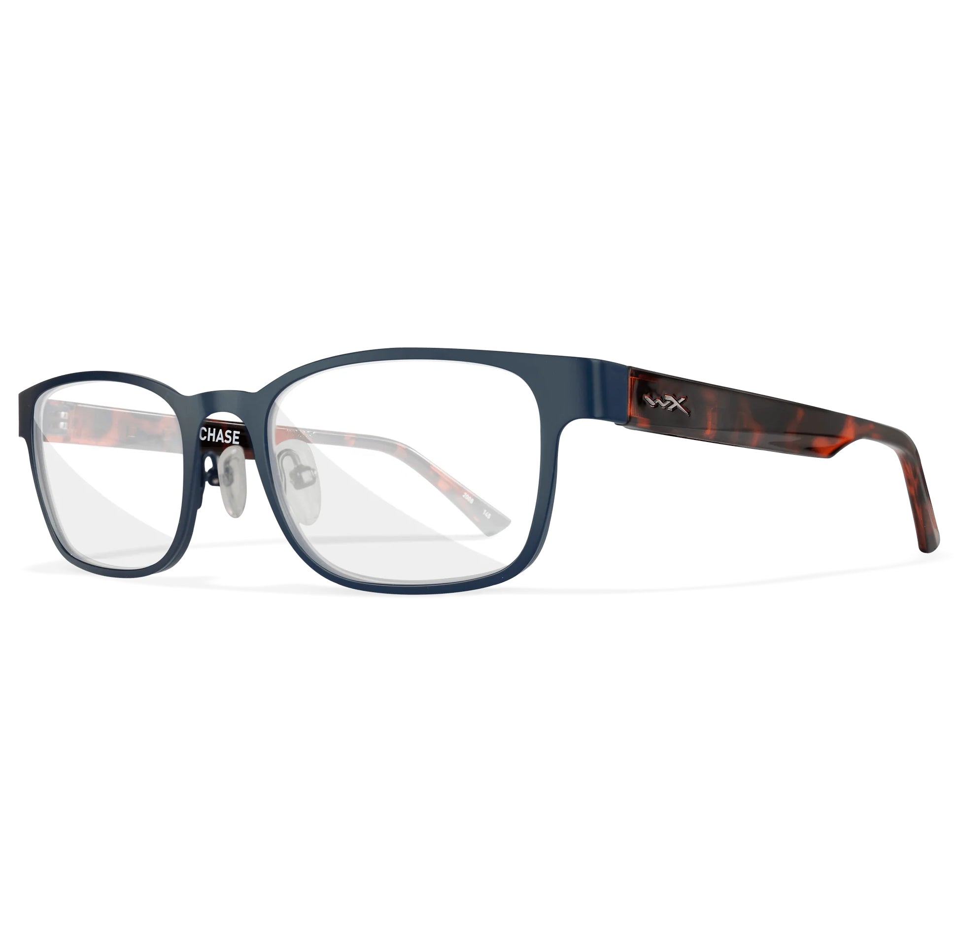 Wiley X Chase prescription safety glasses with a midnight blue frame and tortoise shell temples.