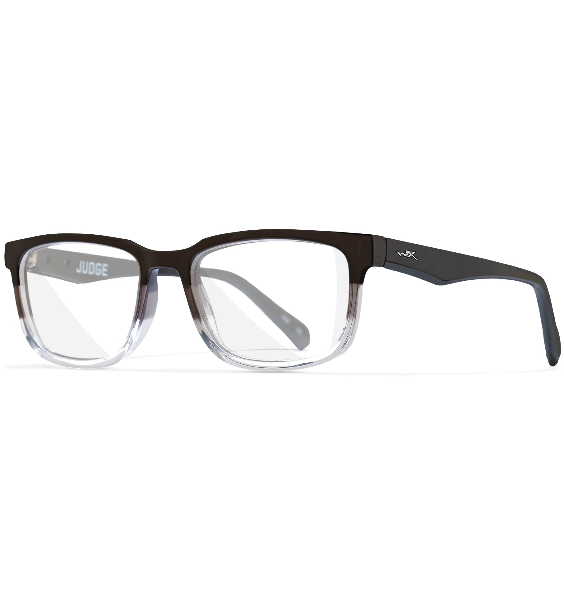 Wiley X Judge prescription safety glasses, black Triloid frame, clear lenses, medium/large size.