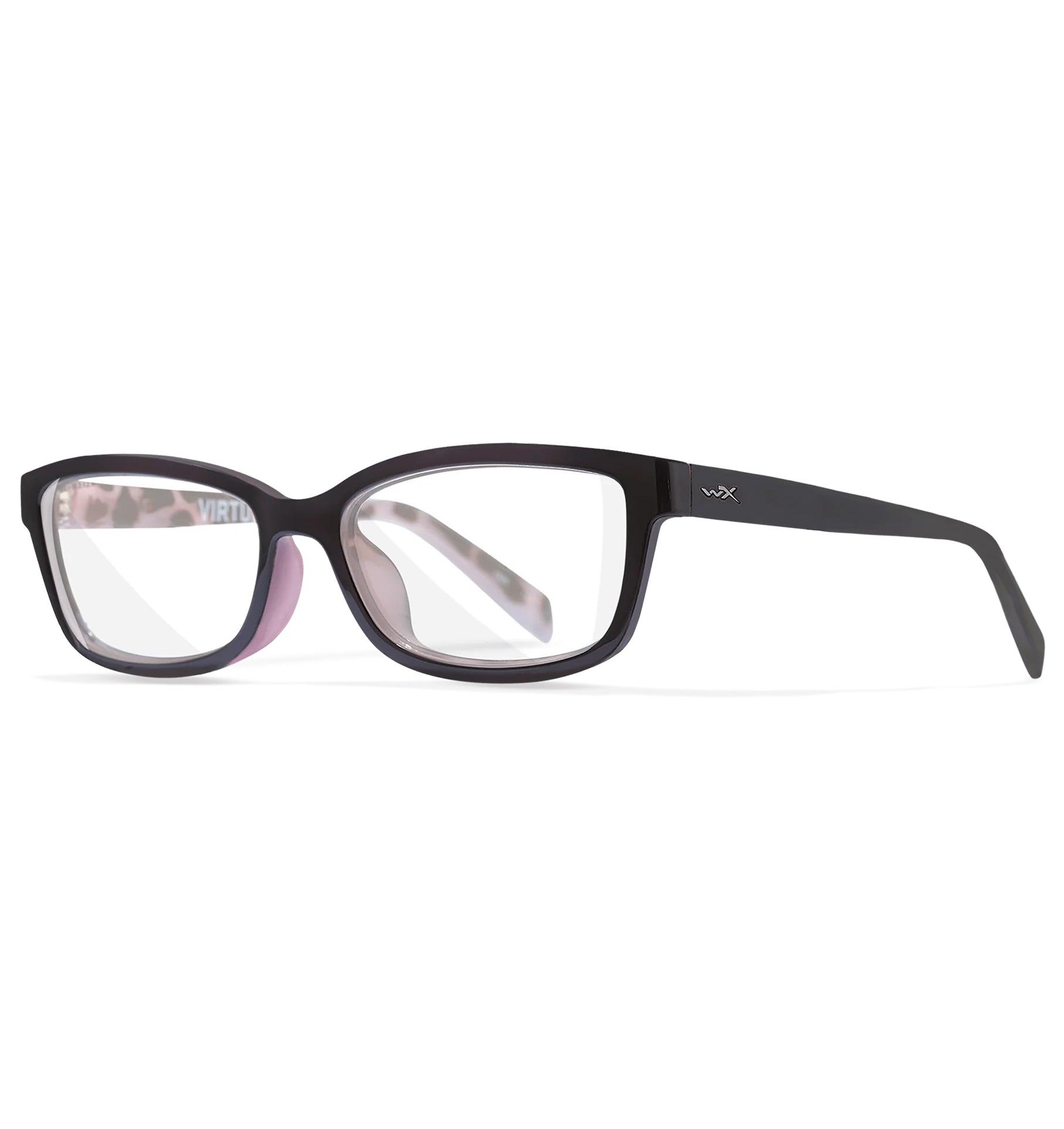 Wiley X Virtue prescription safety glasses with blue/lilac frames and clear lenses.