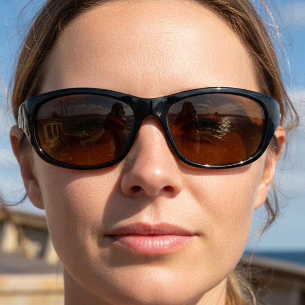 Woman wearing ONOS Carabelle Polarized Bifocal Sunglasses on a boat with ocean and sky in the background