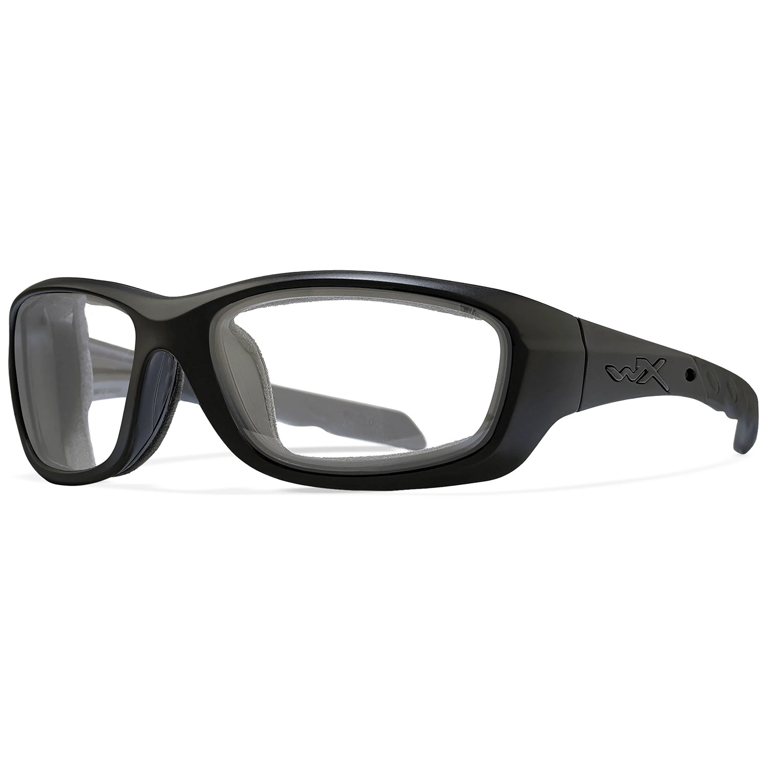 Matte black Wiley X Gravity prescription safety glasses with clear lenses and ANSI Z87.1 certification.