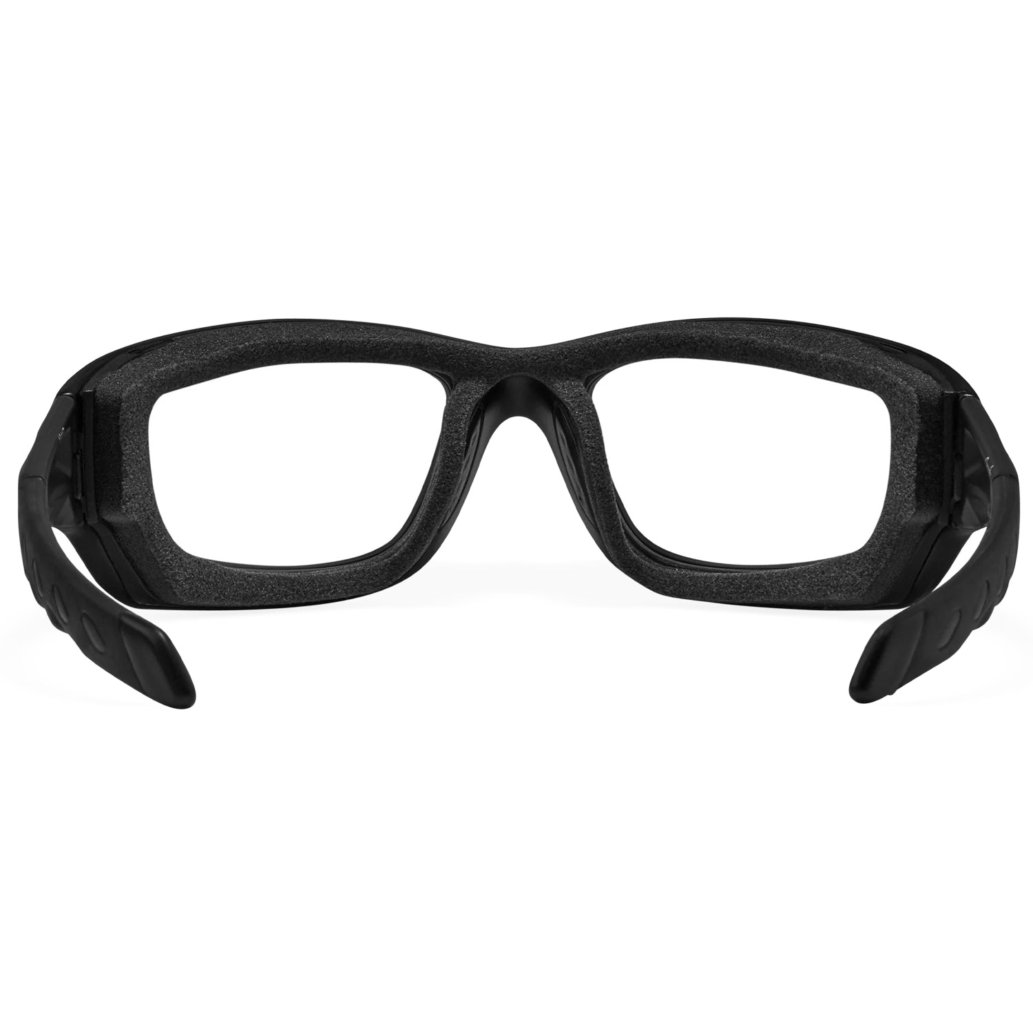 Black Wiley X Gravity prescription safety glasses with foam gasket, textured temples, and clear lenses. ANSI Z87.1 certified.