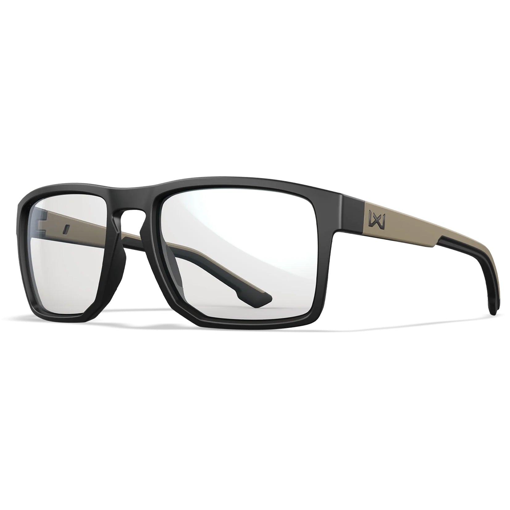 Wiley X Founder prescription safety glasses with black frame, tan temples, and clear lenses.