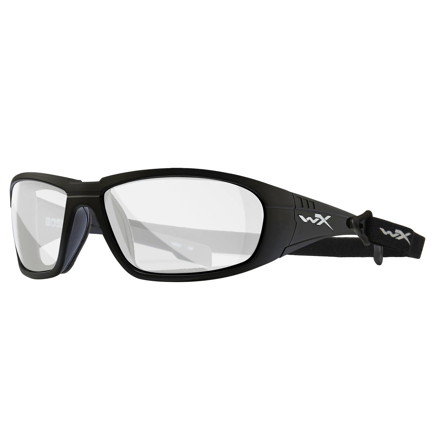 Wiley X Boss prescription safety glasses with matte black frame, clear lenses, and a black t-docking strap.
