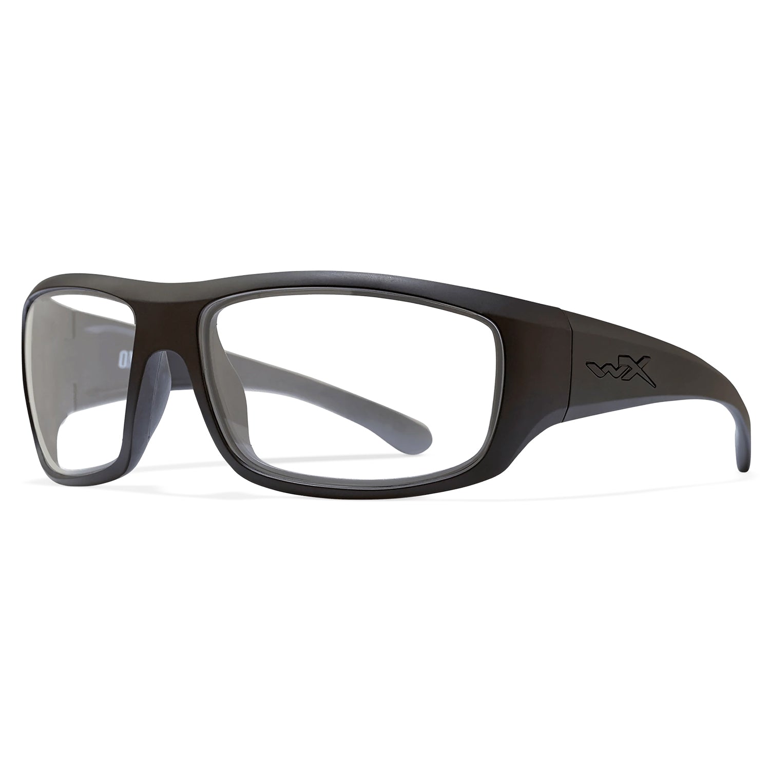 Wiley X Omega Worksight prescription safety glasses with matte black frame and clear lenses.