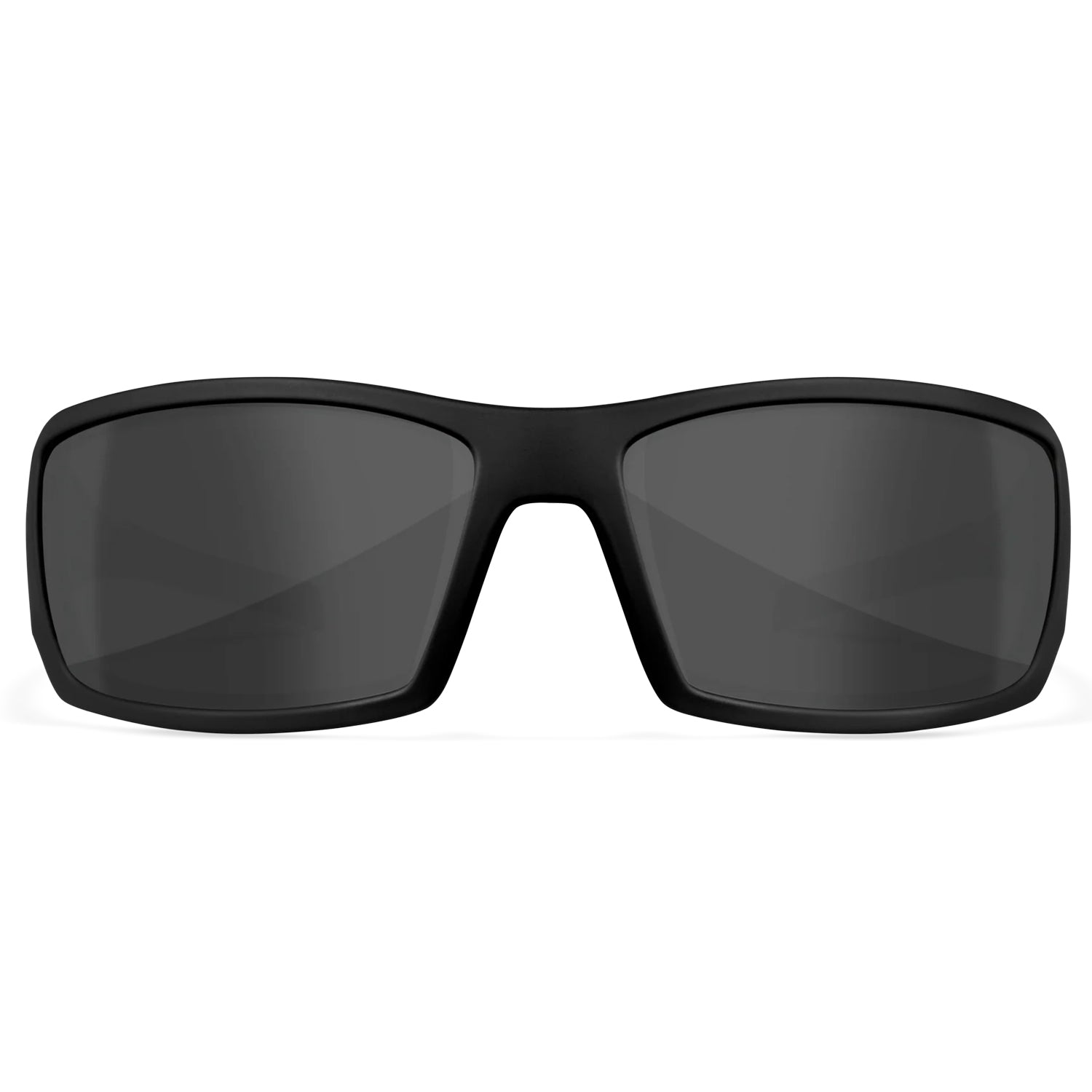 Front view of black Wiley X Twisted Alternative Fit safety glasses with dark lenses.