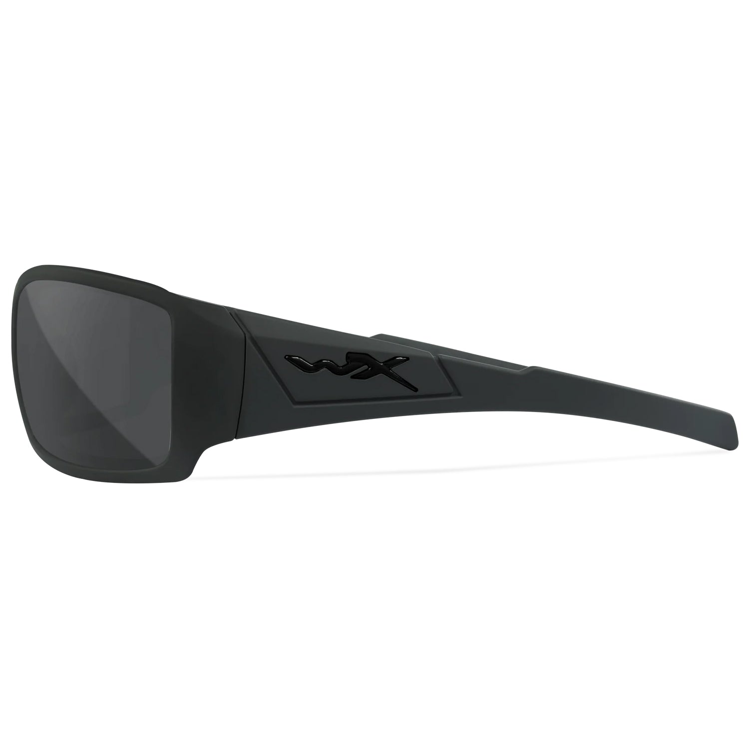 Wiley X Twisted Alternative Fit safety glasses, matte black Triloid nylon frame, dark lenses, WX logo on temple.