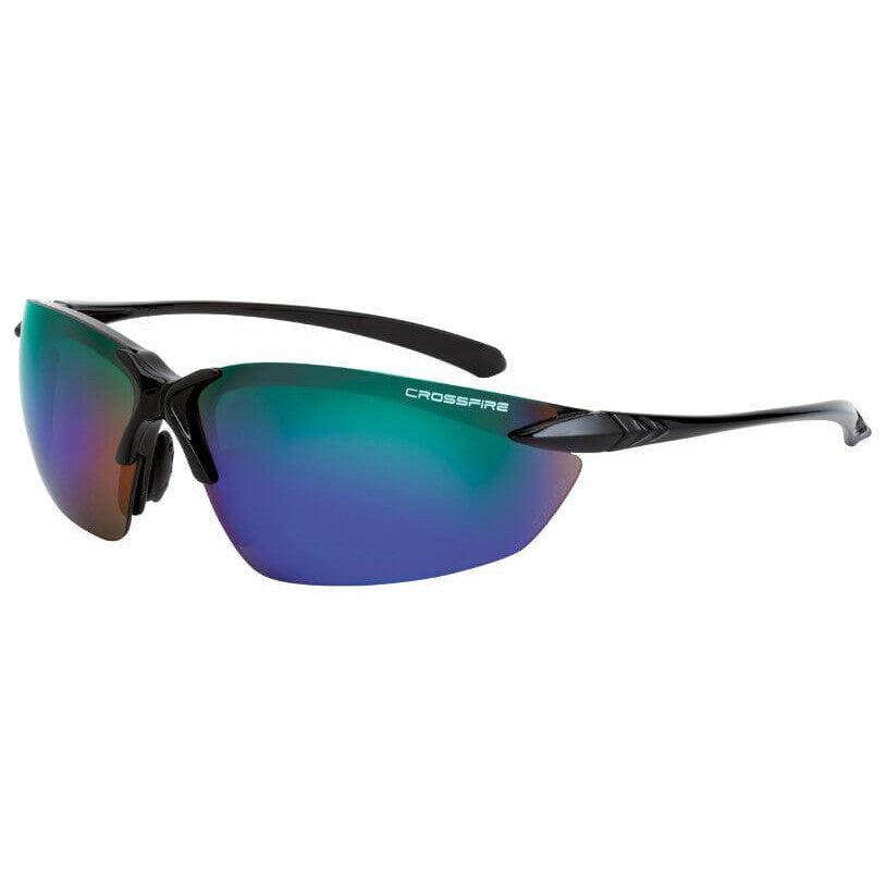 Crossfire Sniper Safety Glasses with Shiny Black Frame and Emerald Mirror Lens 9610