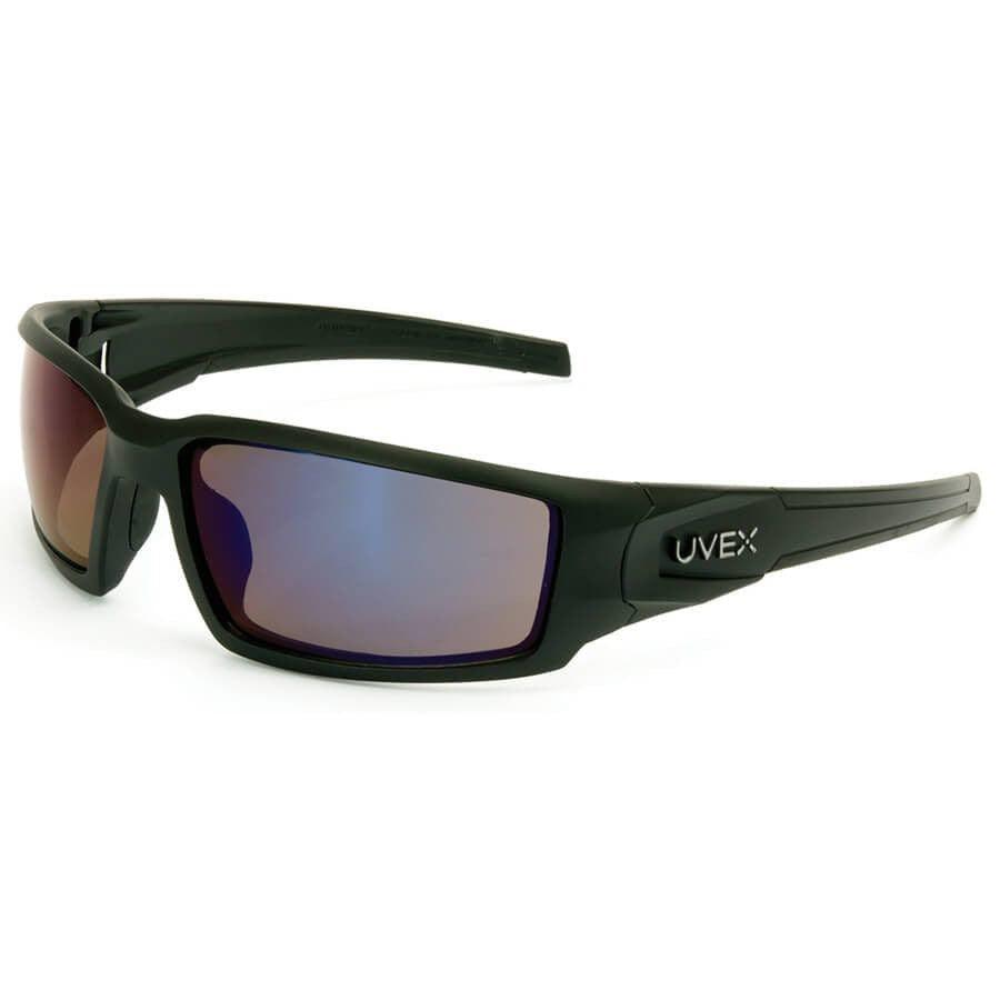 Uvex Hypershock Safety Glasses with Matte Black Frame and Blue Mirror Lens